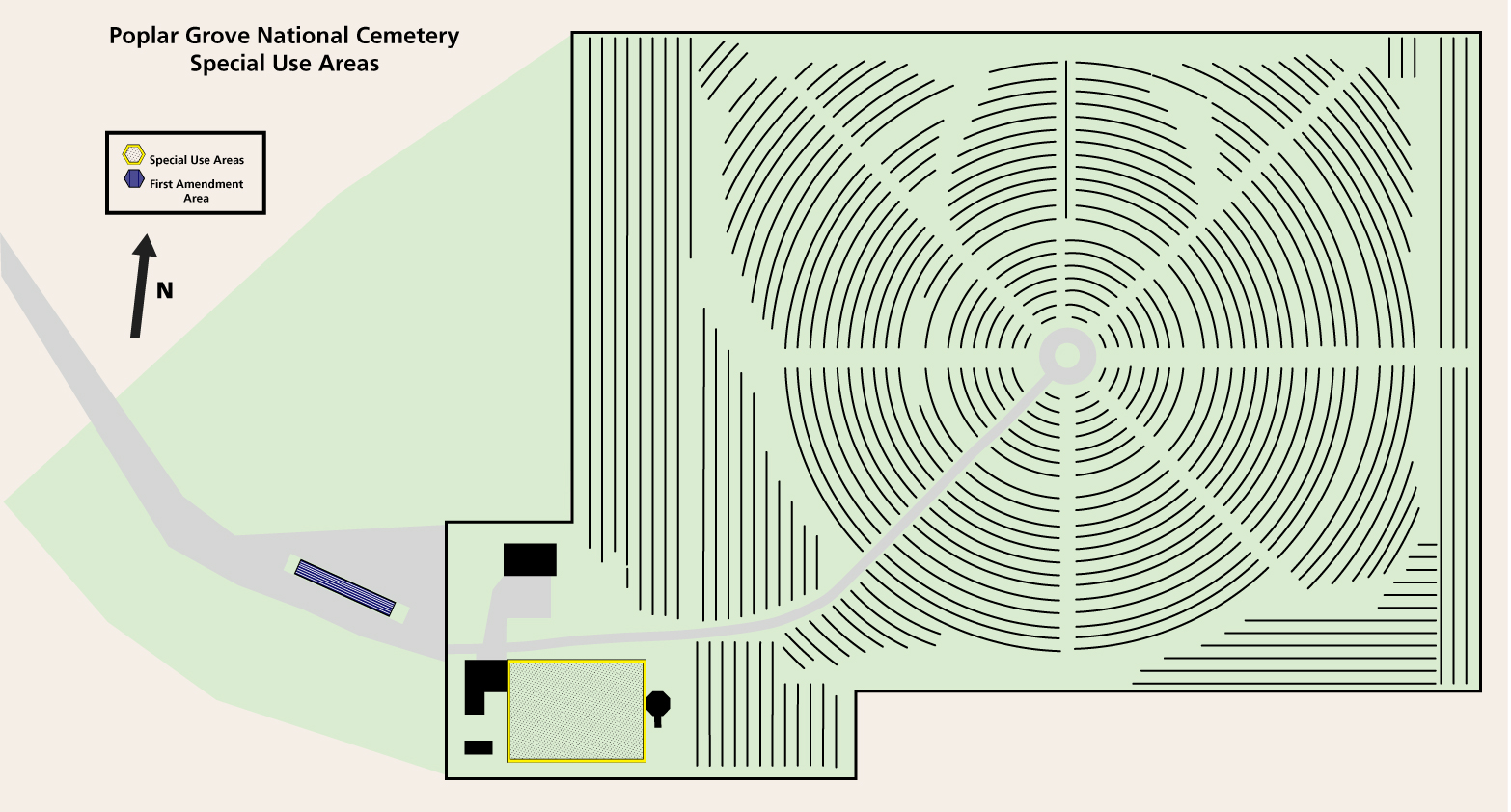 Map of cemetery, yellow (Special Use) area next to a building and blue (1st Amendment Area) in center of  parking lot
