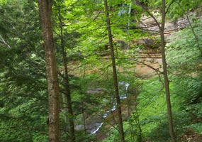 Munising Falls trickles over the cliffs and down the stream in this photo taken through the trees at the right overlook.
