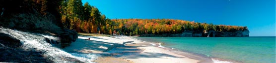 Gorgeous white sand beach, Chapel Creek, blue sky, fall color.