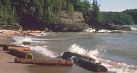 Lake Superior waves crash onto the north shore at Pukaskwa National Park in Canada.