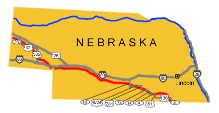 Image map of the auto tour route driving directions across Nebraska.