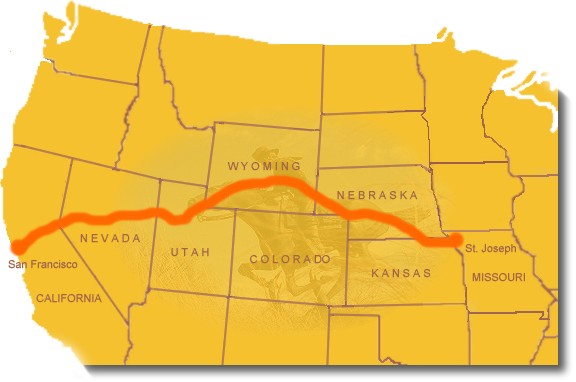 Map image showing the general route of the Pony Express National Historic Trail.