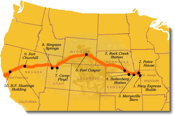 Photo image map of suggested Pony Express sites to visit.