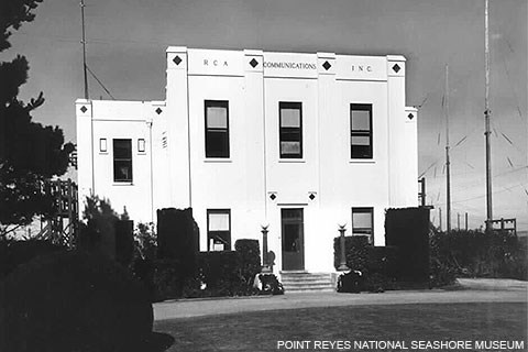 A black and white photo of a white art deco building used by RCA for wireless radio reception.