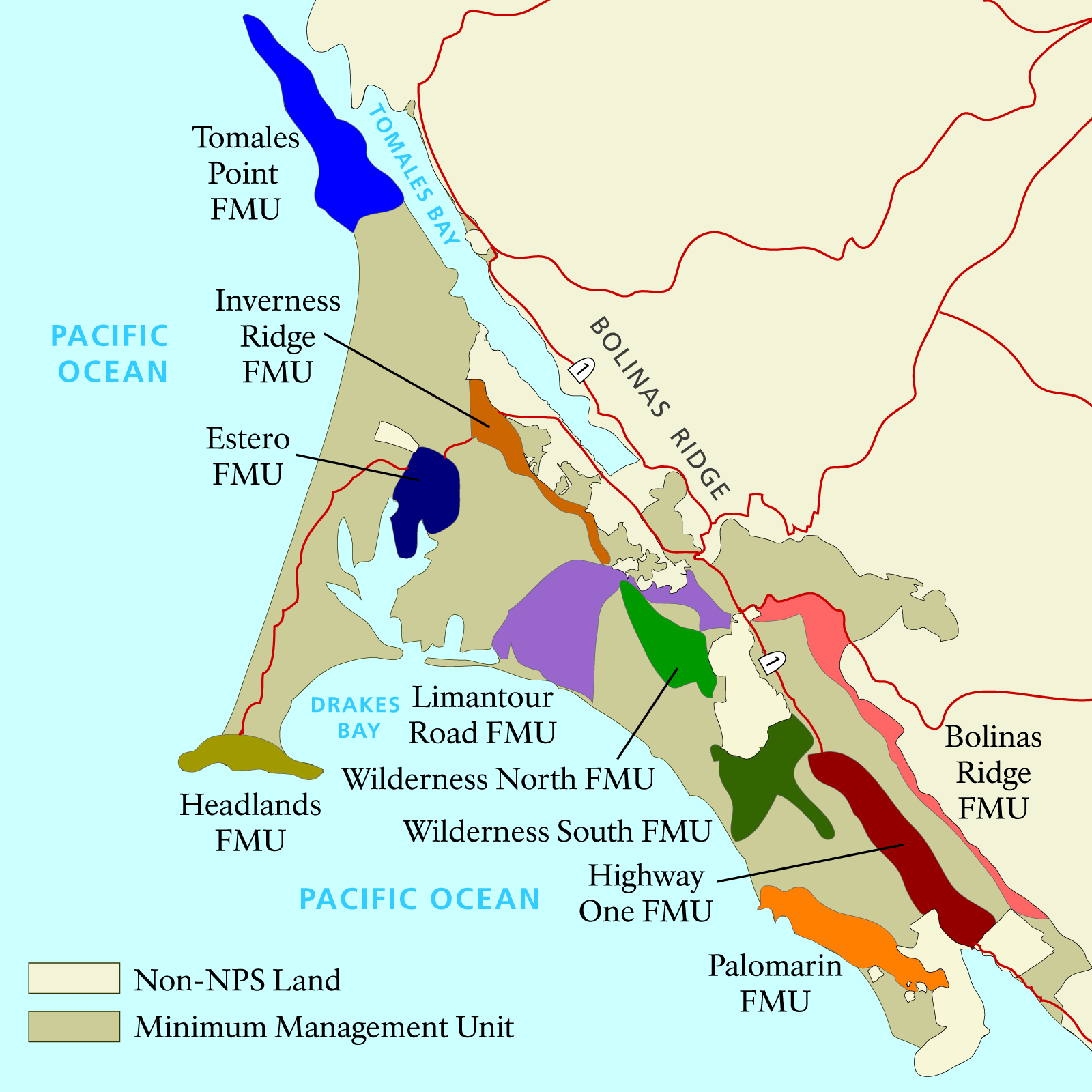 A color map of the Point Reyes National Seashore showing the locations of the park's 11 fire management units.