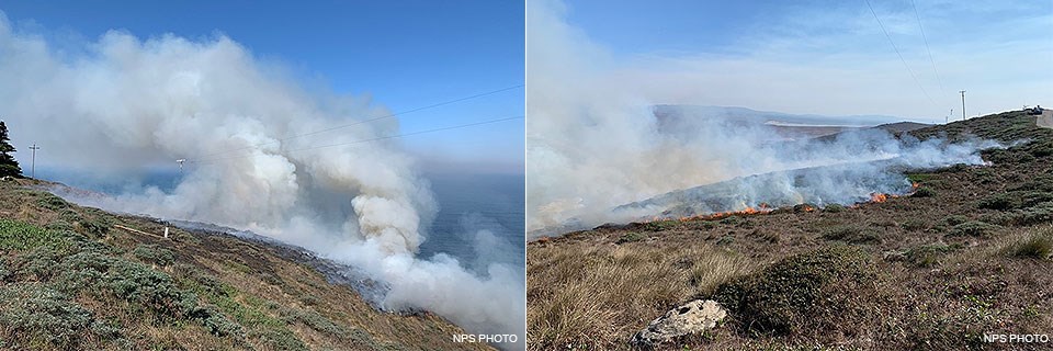 Two photos of a wildfire burning in low shrubs on a sloped hillside.