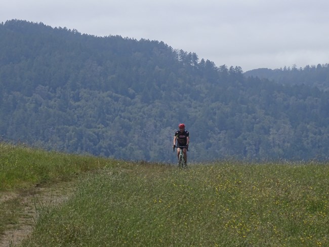 A bicyclist riding along a dirt trail through a field with a forested ridge in the background.