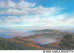 Painting of the Point Reyes peninsula from Inverness Ridge, by Ane Carla Rovetta.
