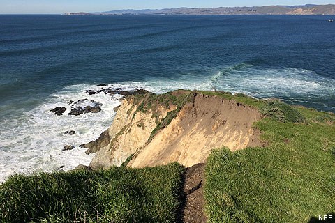 Tomales Point Trail ending abruptly where a large section of the bluff collapsed into the Pacific Ocean.