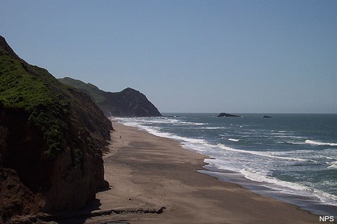 Looking south along Wildcat Beach from Wildcat Campground. The Pacific Ocean is on the right. A sandy beach stretches from the foreground toward Alamere Falls, Double Point, and Stormy Stack, which are visible in the distance in the image's center.