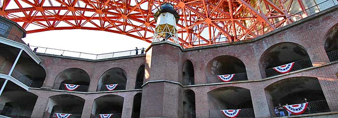 Fort Point interior photo with Golden Gate Bridge above