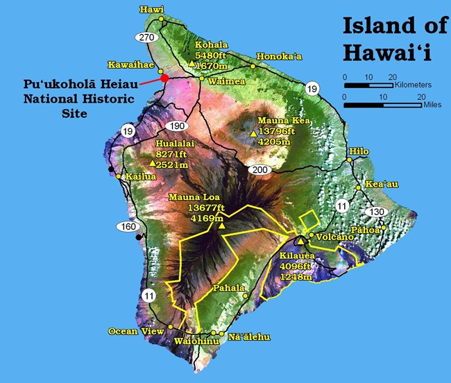 Map of Hawaii Island, showing roads, towns, and volcano peaks.