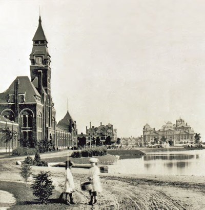 Ca. 1885, view of Lake Vista with the Administration Building to the left, the Hotel Florence in the rear center, and the Arcade Building to the right.
