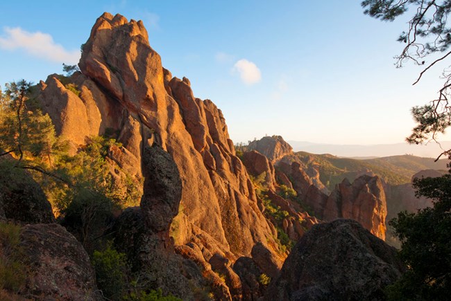 Stone pinnacles glowing in the late afternoon sun at Pinnacles National Park