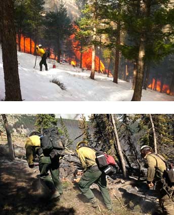 winter pile burning; firefighters responding to an active wildfire