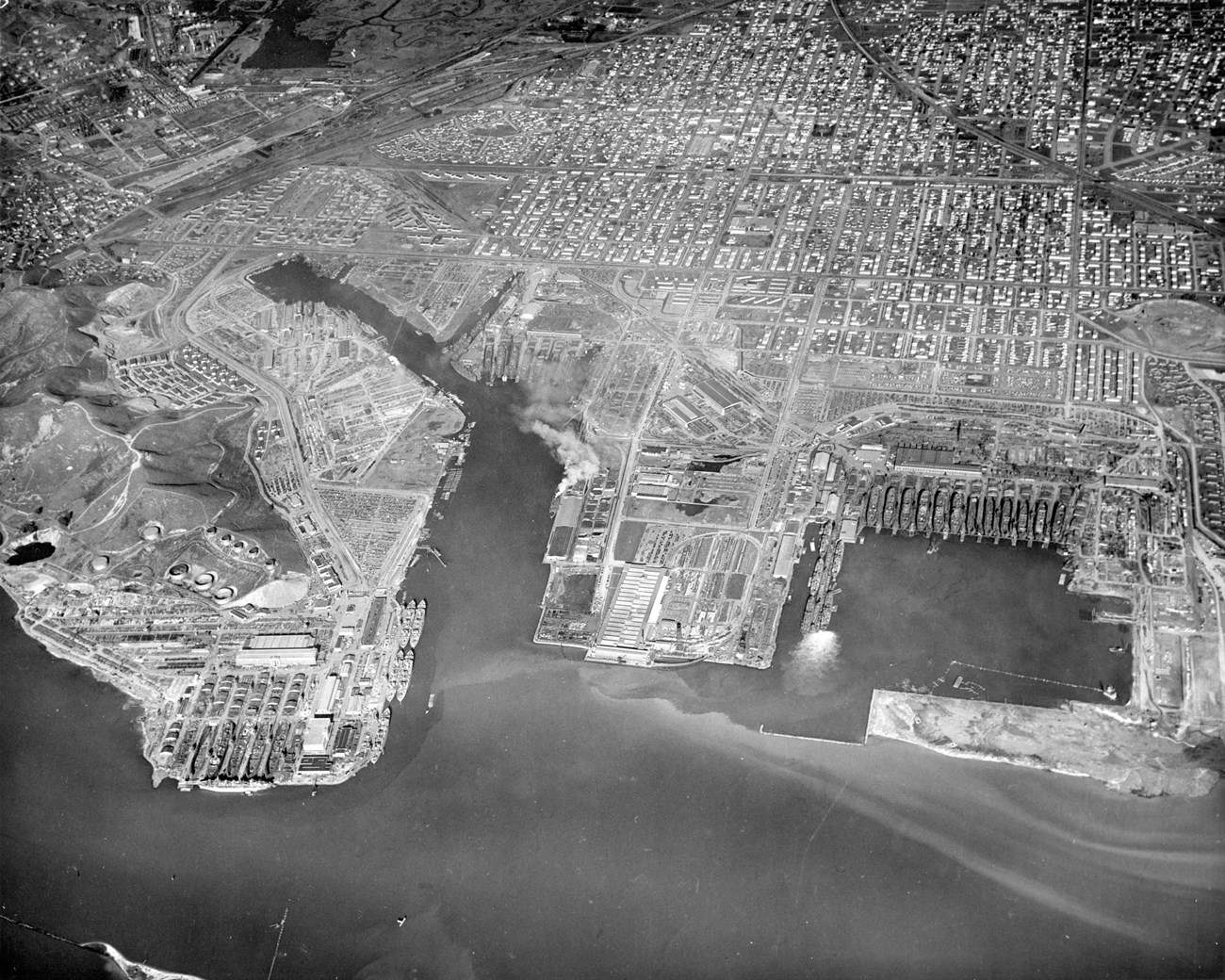 Aerial photo of the historic Kaiser shipyards in Richmond, California.