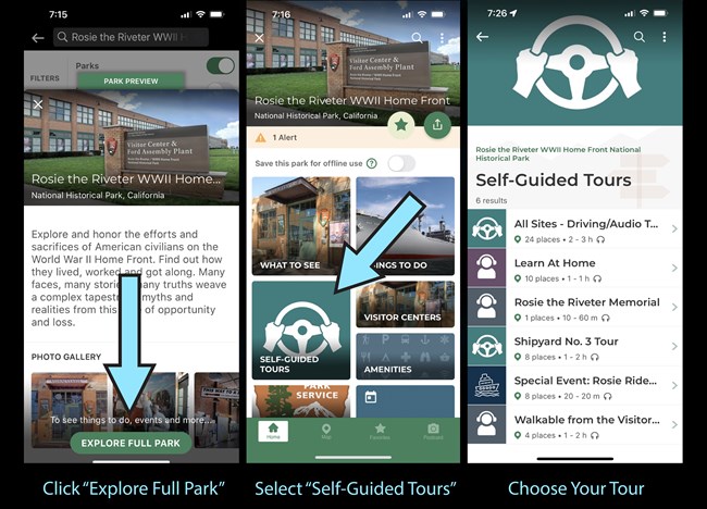 Three screenshots of the NPS app, focused on our park, that have arrows indicating where to touch for finding the self-guided tours.