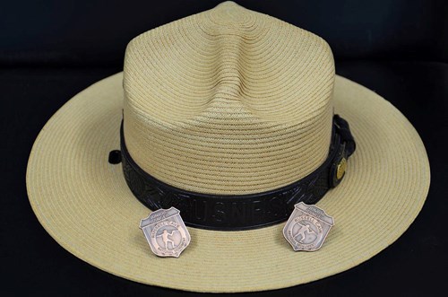 A ranger hat sits with two, metal junior ranger badges standing up on the brim.