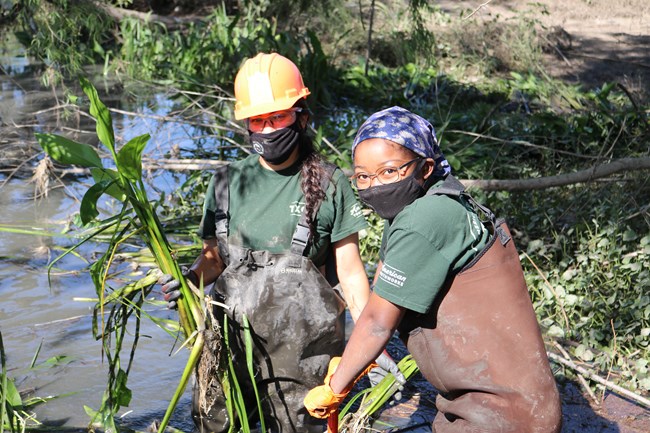 Two TXCC Interns stand side-by-side in knee-deep water surrounded by green aquatic plants.