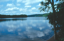 White clouds in the sky are reflected on the calm water