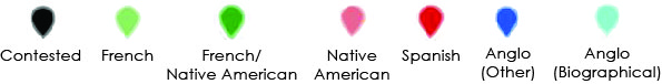 Black is Contested, Light Green is French, Dark Green is French/Native American, Pink is Native American, Red is Spanish, Blue is Anglo (Other), Teal is Anglo (Biographical)