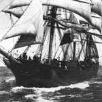 The squarerigged ship, Star of Alaska (now called the Balclutha), under sail.