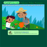 First Bloom colorful cartoon art work show a kid and park ranger planting flowers.