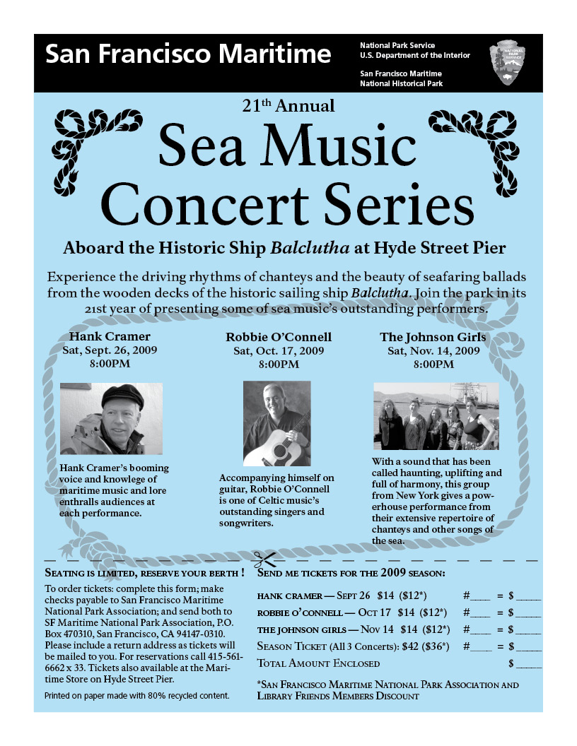 Poster describing a sea music concert series on the Balclutha.