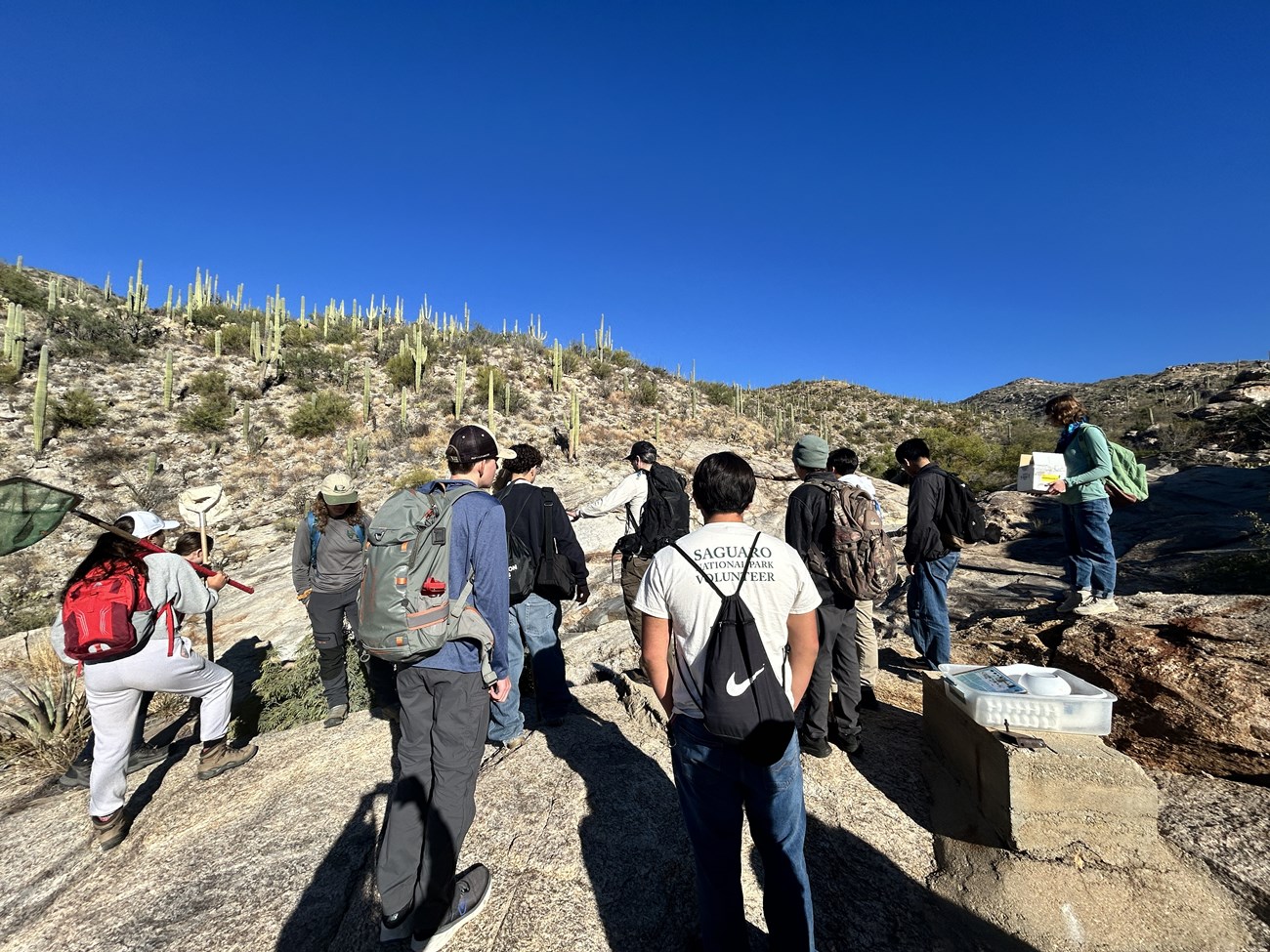 group of young people walking through desert landscape