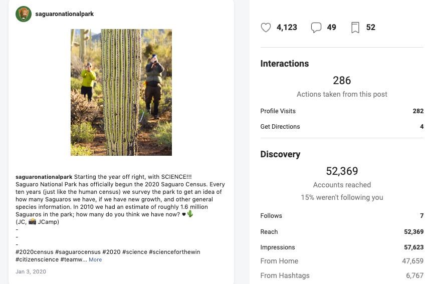 Two side by side images, both screen shots from Instagram. The left image shows a post about the census, a woman counting a saguaro, and related text, like counts, etc. The right image shows the analytics from the posts, reaching 52,369 accounts.