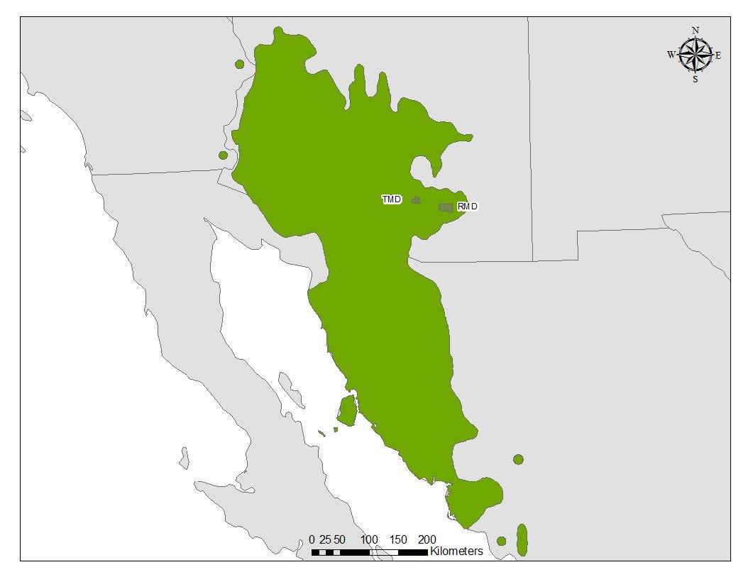 Range of the saguaro cactus, showing locations of the two districts of Saguaro National Park. Saguaros occur in Arizona and Sonora, Mexico, with a few in California.