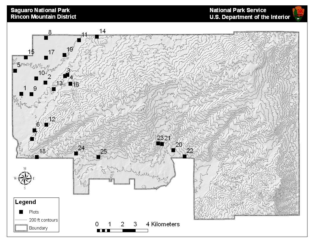 Map of rincon mountain district, gray with black topo lines. several small squares dot the left side.