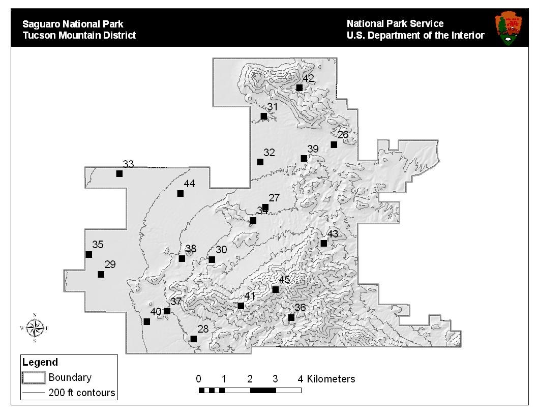 grey map of TMD with black topo lines. Small squares dot the landscape showing areas saguaros were counted.