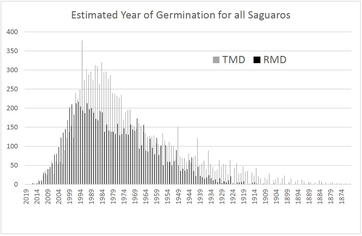 Bar graph titled "Estimated Year of Germination for all Saguaros" shoes a range from 2019 to 1874 on the x axis and 0 to 400 on the y axis. A bell curve is seen with the peak in the mid 1980s.