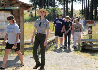Park Ranger Kim Kennedy conducts a guided walk of American Camp.
