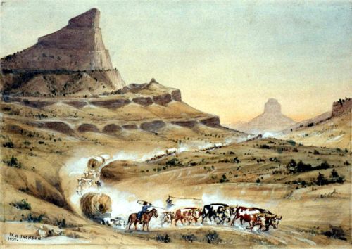 Depicts covered wagons go making their way through Mitchell Pass at what is now Scotts Bluff National Monument in western Nebraska.