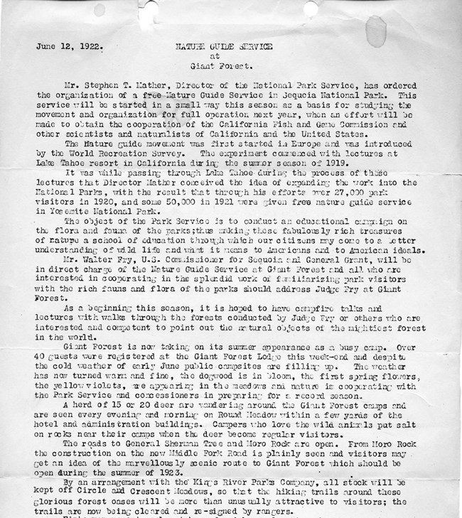 A portion of a typed page dated June 12, 1922, that describes the creation of the Nature Guide Service at Sequoia and General Grant National Parks. It designates Walter Fry as the first director of the service at the park.