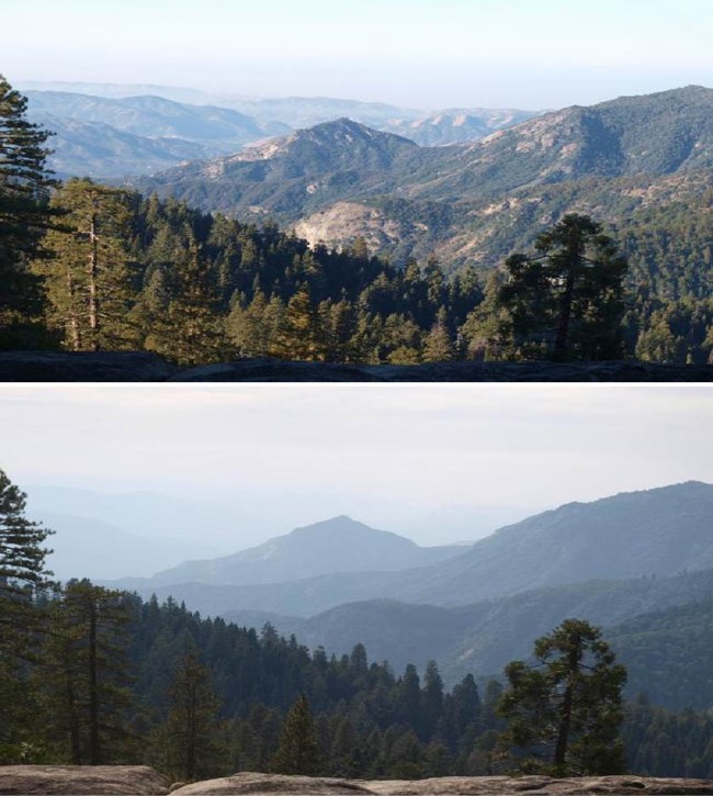 Two photos comparing a view from Sequoia National Park: one photo shows better visibility and the other shows worse visibility, with mountain ranges obscured.
