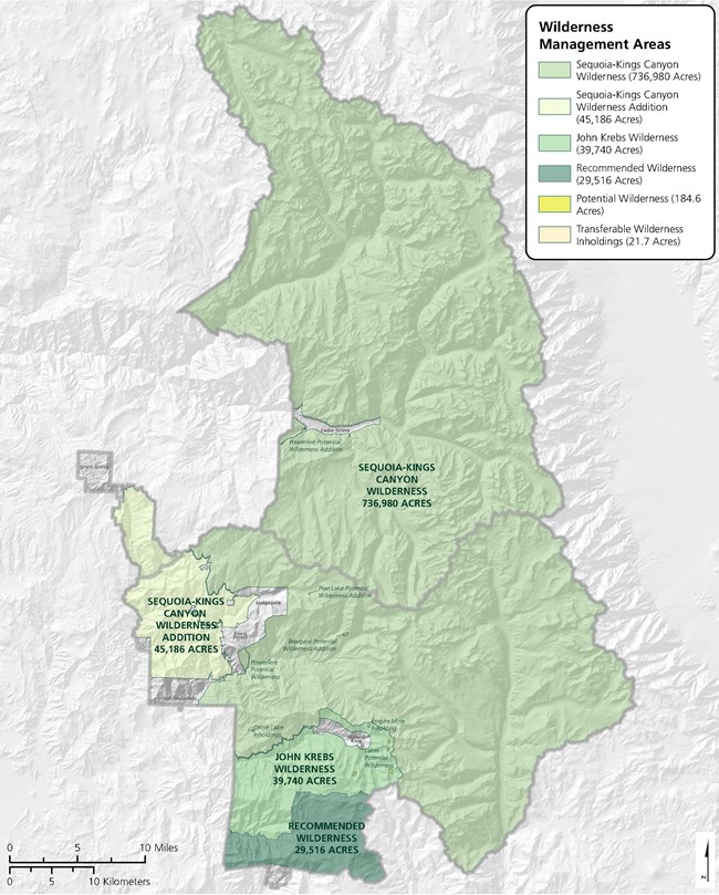 A map of park wilderness areas. Over 90% of the map is highlighted in green, labeled Sequoia Kings Canyon Wilderness. Southern sections of the map are listed as John Krebs Wilderness and Proposed Wilderness.