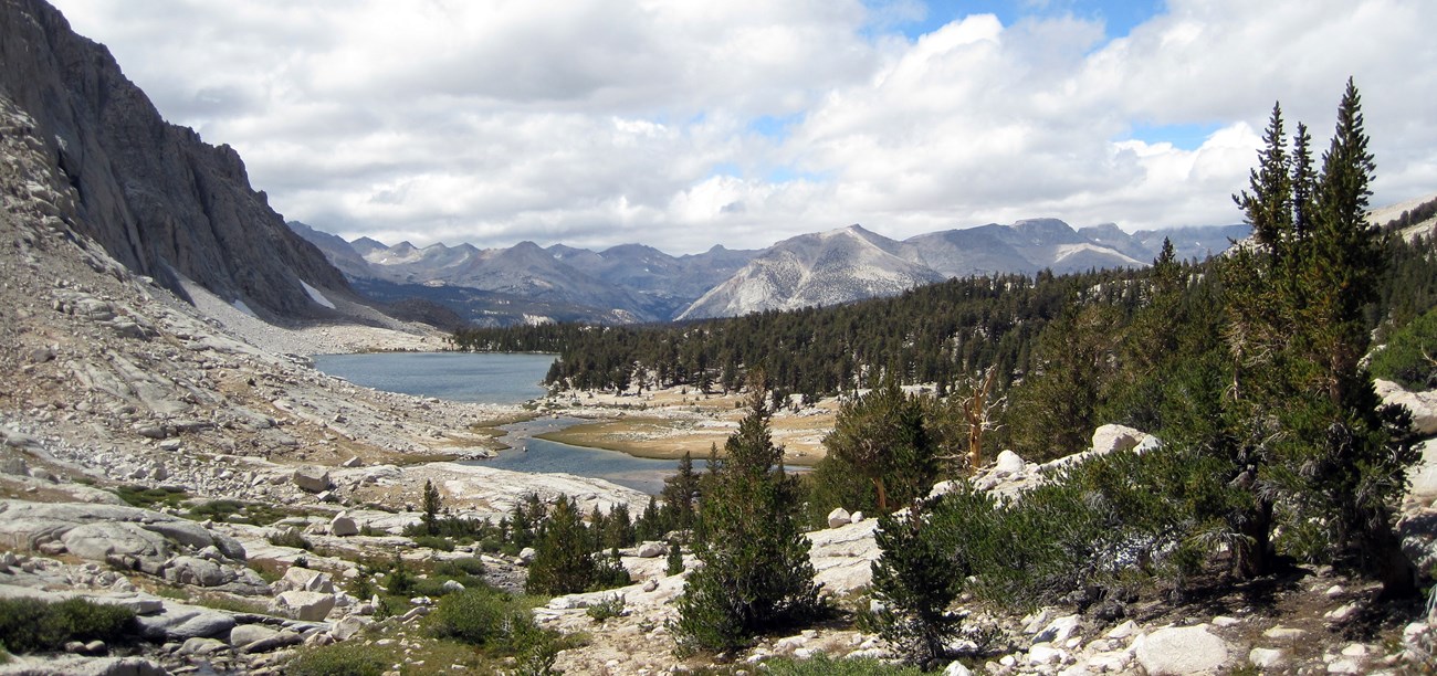 The Great Western Divide is visible in the distance in this view looking west at Lower Crabtree Lakes, Sequoia National Park.