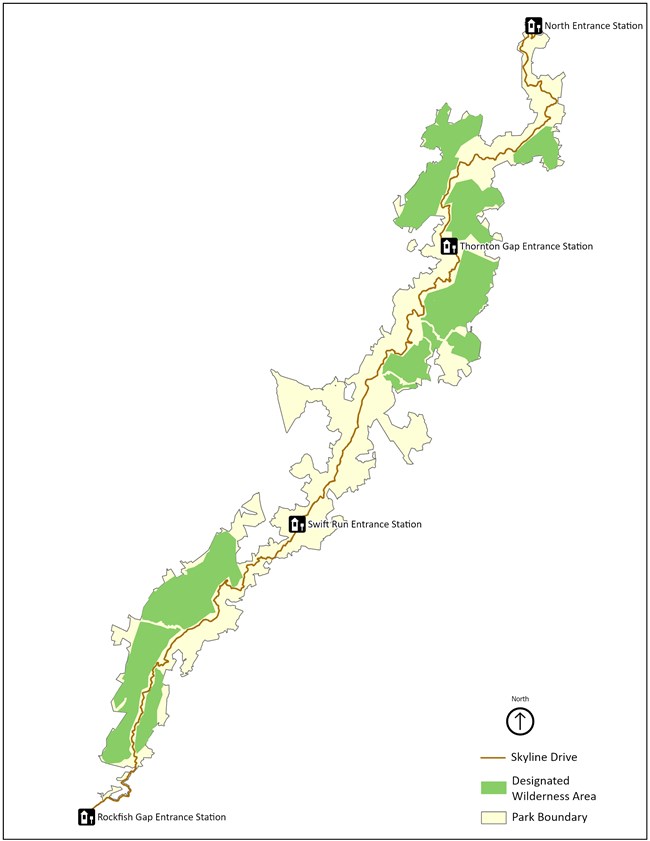 Map showing wilderness areas and entrance stations