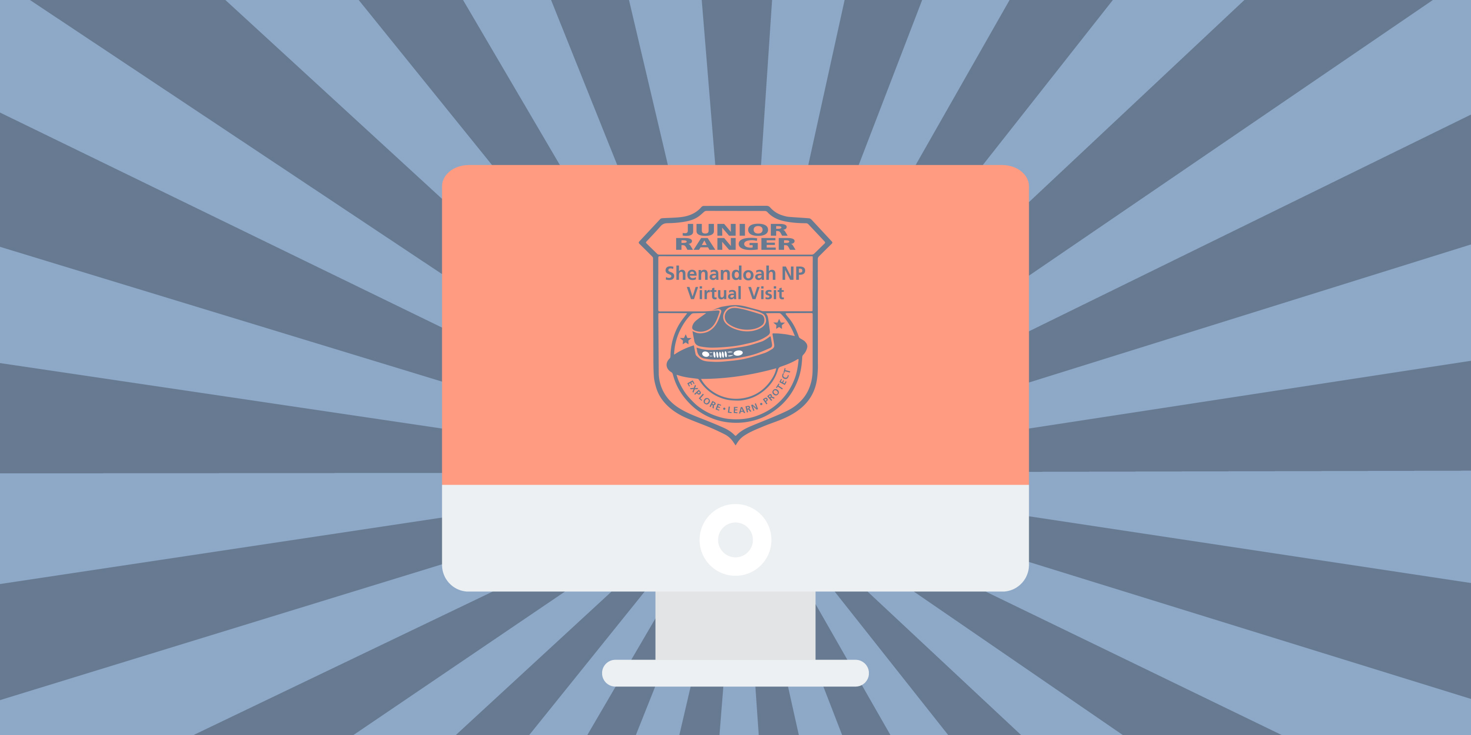 A graphic of a computer with a virtual junior ranger badge on it and sun rays behind it.