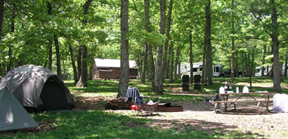 Campsites amidst the green forest in Shenandoah's popular Big Meadows Campground.