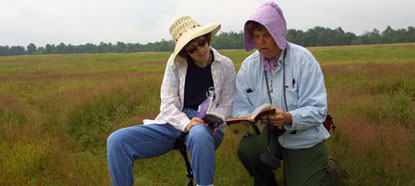 A park volunteer and visitor reference a wildflower guide in Big Meadows during Wildflower Weekend.