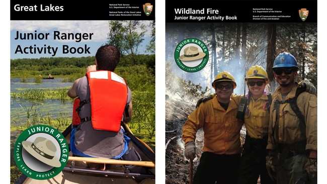 Two Junior Ranger books. From left to right: Great Lakes activity book and Wildland Fire book.
