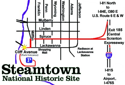 Map of Downtown Scranton showing how to get from I-81 to Steamtown National Historic Site via the Central Scranton Expressway, Lackawanna Avenue and Cliff Avenue.