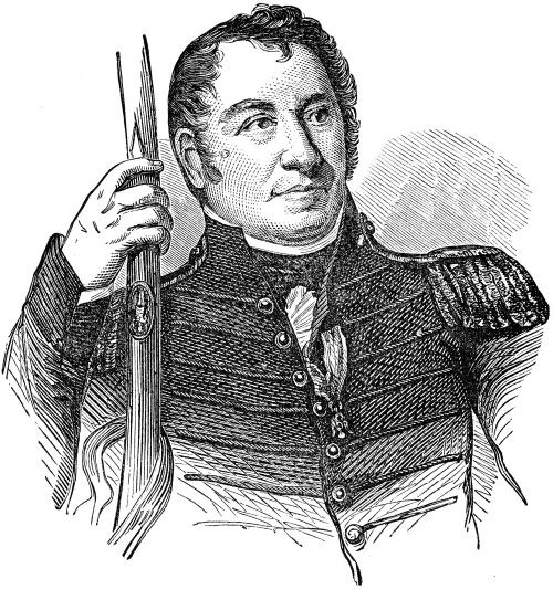 Black and white illustration of a man seated,dressed in a military uniform,  holding a sword upright in his right hand, and looking right.