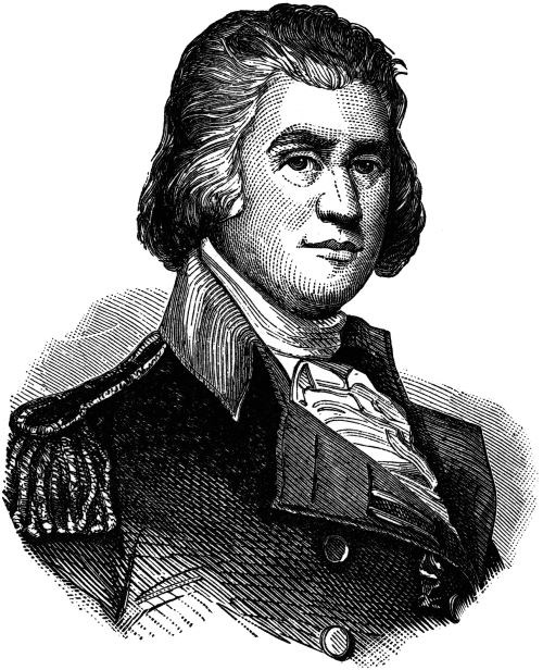 Black and white illustration of a man dressed in a military uniform.