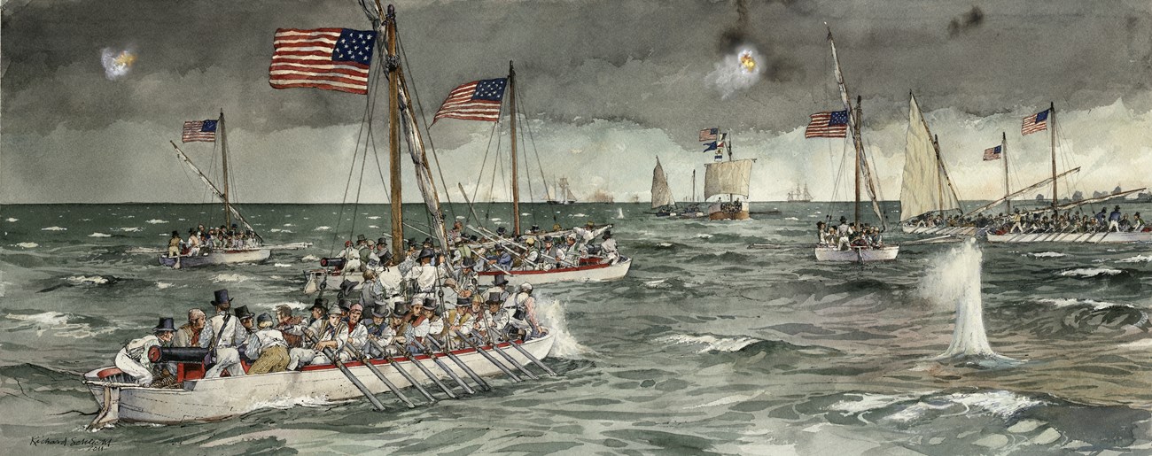 Illustration of American ships rowing away from larger ships on the horizon.