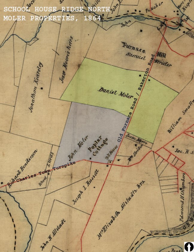 An annotated 1864 map shows property boundaries, including the plots owned by Daniel Moler and John Moler.